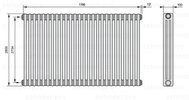 Схема (чертеж) Радиатор Zehnder Charleston 3280/26 №1270 Белый глянцевый RAL 9016
